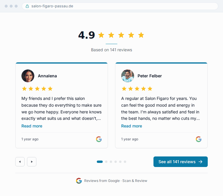 Salon Figaro’s Scan And Review carousel, sliding through real five-star Google reviews (translated from German) with each reviewer’s photo.