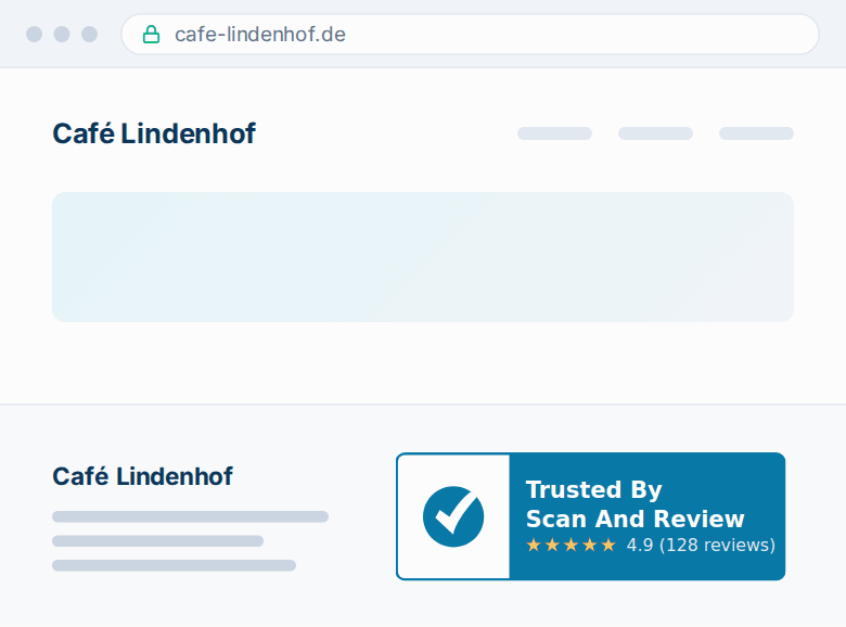 Scan And Review trust badges in a website footer: Trust Badge, Minimal, Signature and a borderless badge on a dark background.