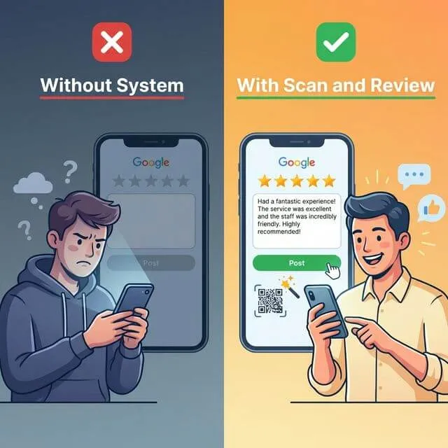 Frustrated customer staring at a blank review box on their phone