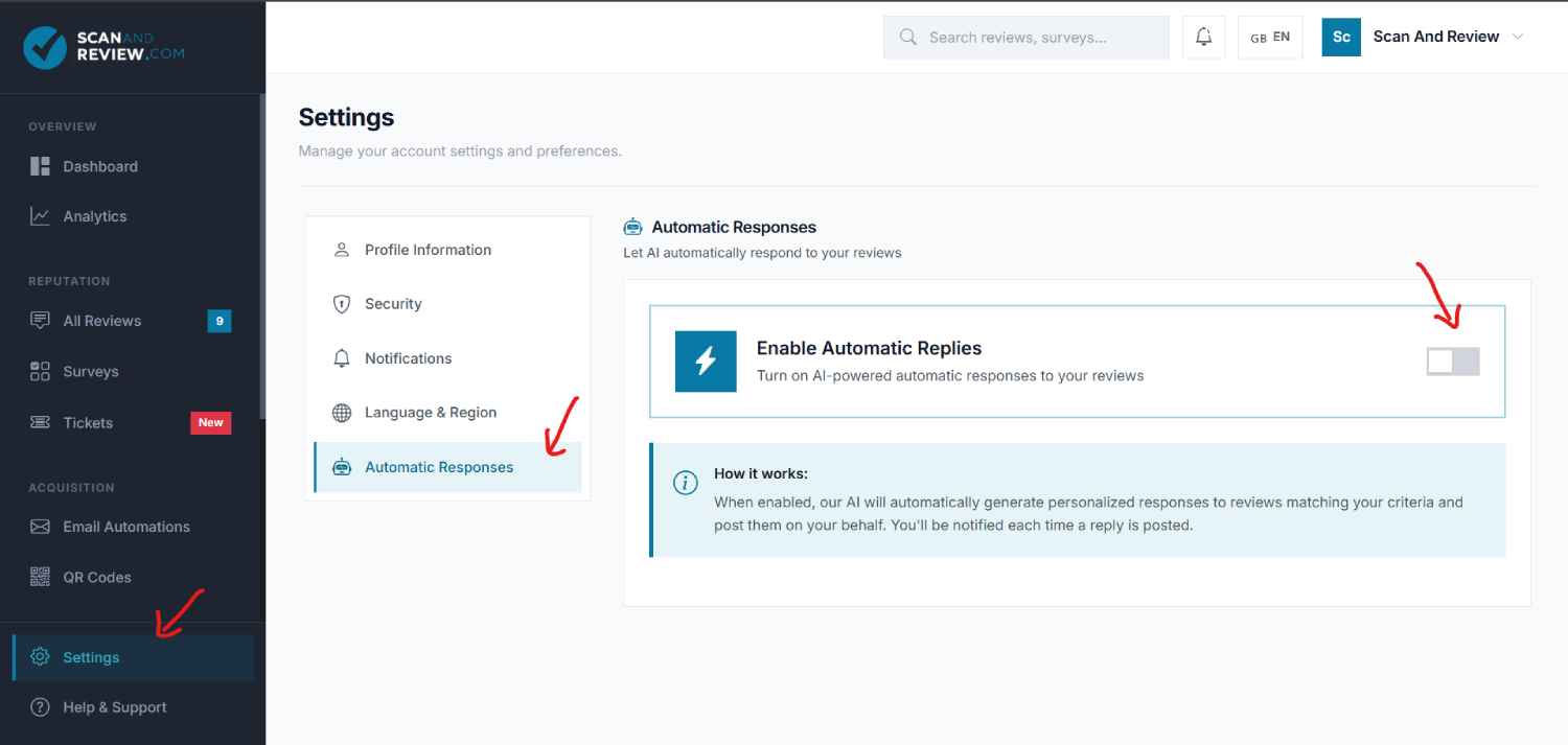 Scan and Review auto-reply flow &mdash; review detected, AI generates personalized response, reply posted to Google automatically