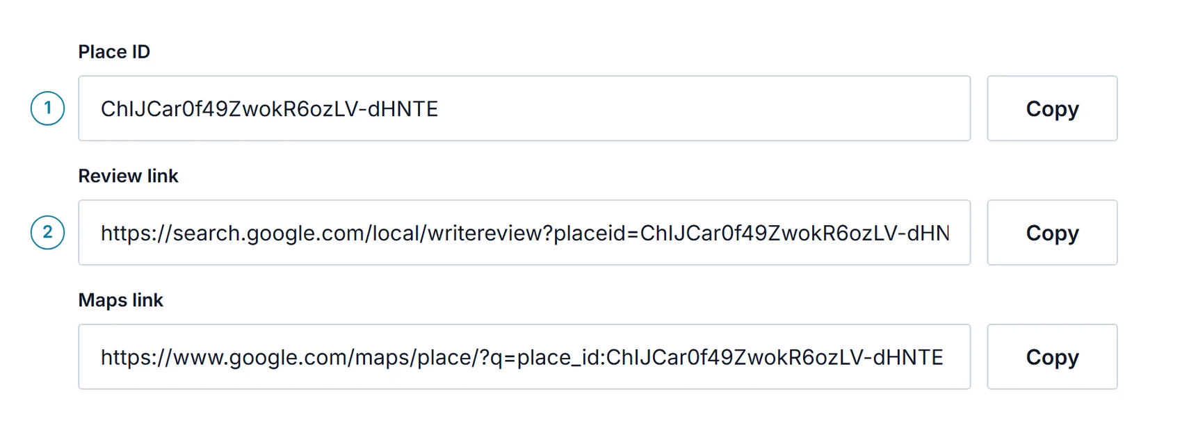 Google Place ID finder on scanandreview.com showing the Place ID and the Google review link built from it