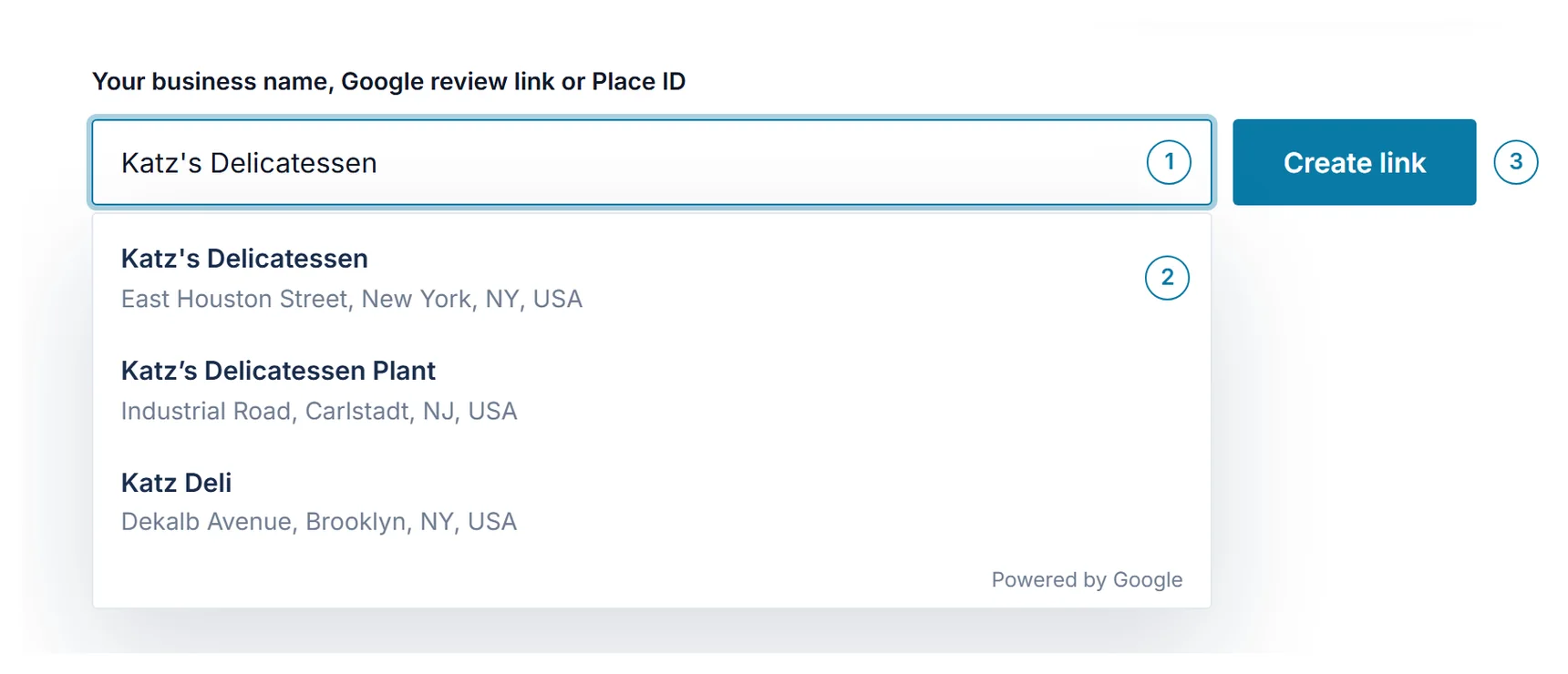 Google review link generator on scanandreview.com: business name typed in the search box, the correct listing selected from the suggestions and the Create link button highlighted