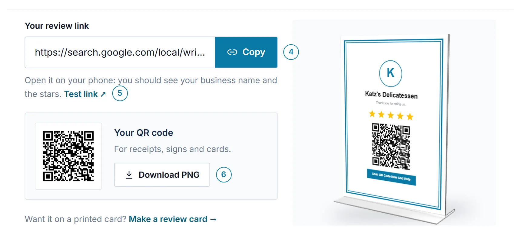 Result of the Google review link generator: review link with a Copy button, a Test link button, and a QR code with a Download PNG button next to a review card preview