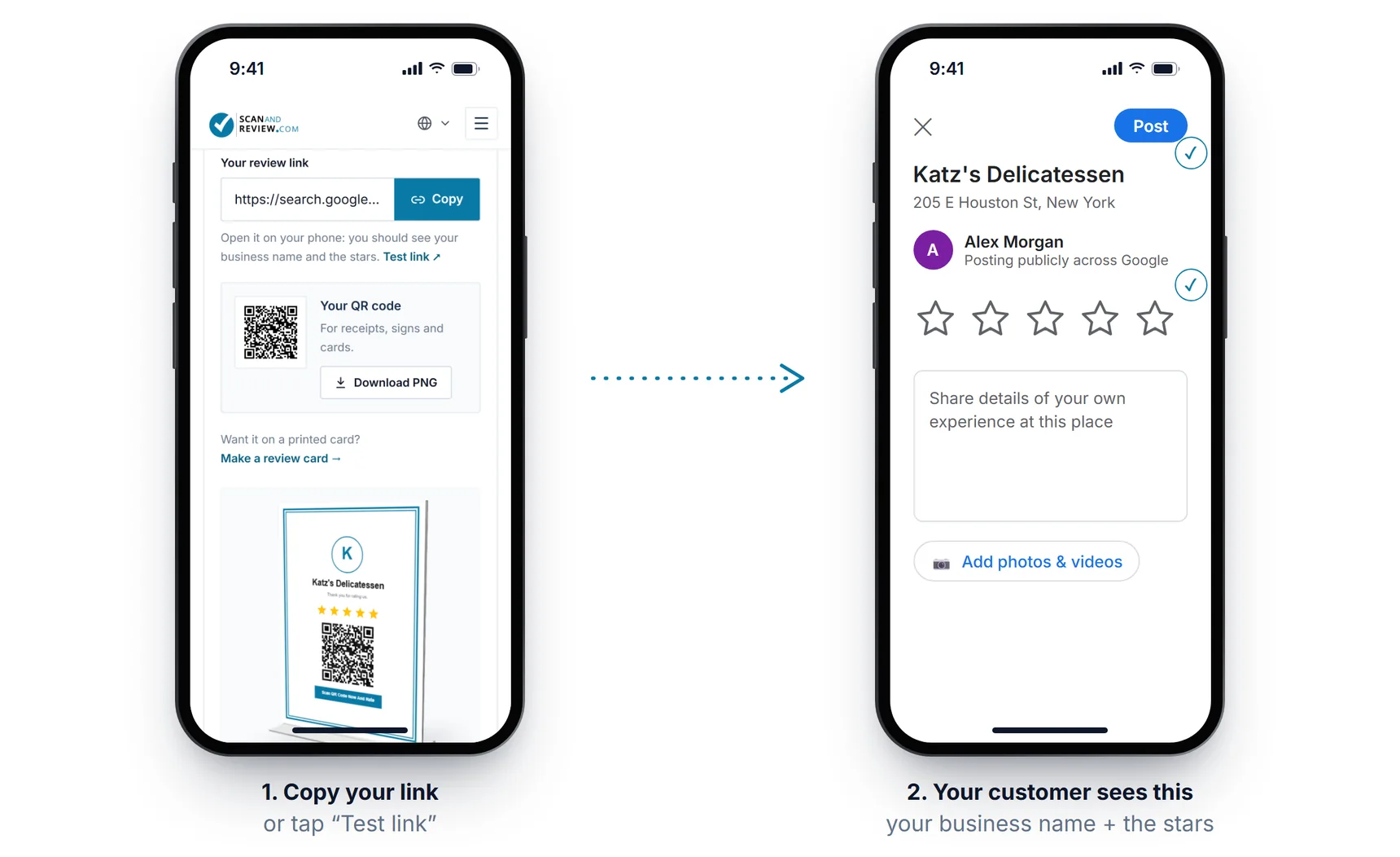 Two phones: the review link generator with the Copy button, and the Google review window that opens, showing the business name and five empty stars